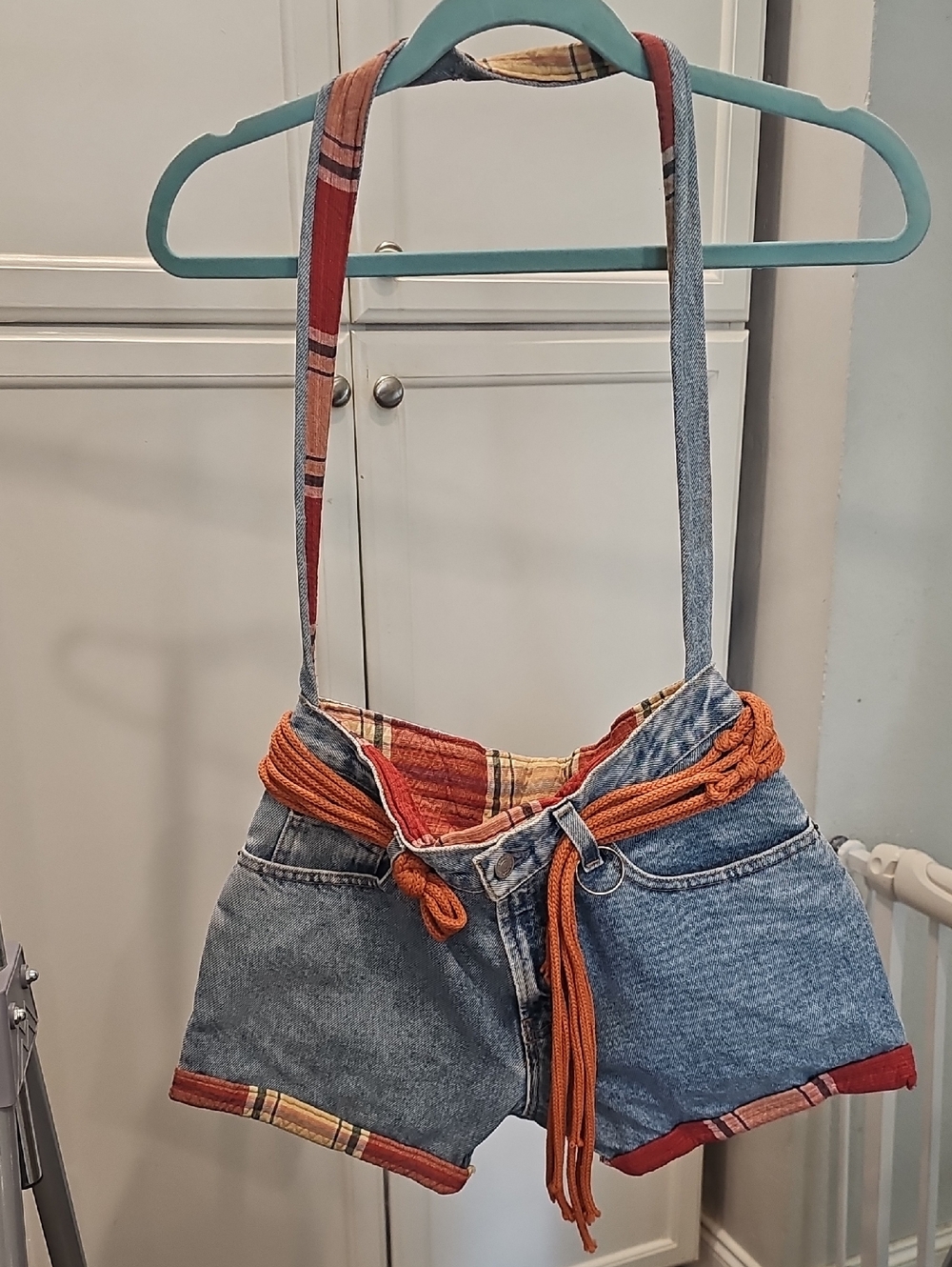 Denim Patchwork Crossbody Shorts Bag in Blue and Rust